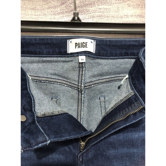 PAIGE CINDY JEANS Stretch Dark Wash Cropped Straight Leg  Raw Hem Size 33 EUC - Picture 3 of 6